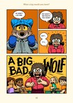 4_panel_comic anthro bodily_fluids brown_body canid canine canis chair classroom clothed clothing comic dialogue digital_media_(artwork) dreamworks english_text eyewear female fur furniture glasses gloves group hair hands_on_mouth handwear headgear headwear hi_res hoodie human male mammal mr._wolf_(the_bad_guys) open_mouth saran_kit scared school shirt simple_background speech_bubble sweat sweatdrop table teacher teeth text the_bad_guys topwear wolf yelling young