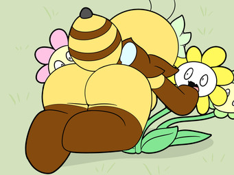 ambiguous_gender antennae_(anatomy) anthro anthro_focus arthropod_abdomen back_boob big_butt breasts brown_body butt butt_focus elbow_glove_marking fangs female female_anthro female_focus flower flower_accessory flower_on_head green_flower green_petals group imminent_death jumping_toward_another looking_at_another neck_tuft nub_feet open_mouth pink_flower pink_petals plant rear_view round_head scared small_wings stinger striped_abdomen stripes surprised teeth thick_thighs thigh_high_marking tuft wings yellow_body yellow_flower yellow_petals tonytoran undertale undertale_(series) bee_(tonytoran) flowey_the_flower arthropod bee bumble_bee_(species) elemental_creature flora_fauna hymenopteran insect 2022 4:3 colored digital_drawing_(artwork) digital_media_(artwork) hi_res
