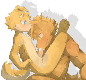 age_difference anthro blue_eyes blush bodily_fluids body_blush chest_tuft countershading cum cum_in_mouth cum_inside cumshot duo ejaculation erection eyebrows facial_tuft fellatio floppy_ears fluffy fur genital_fluids genitals green_eyes grey_nose humanoid_genitalia humanoid_penis legs_around_partner male male/male male_anthro nude_anthro nude_male oral orange_body orange_fur orgasm penetration penile penis penis_blush sex shadow simple_background sitting sitting_on_another size_difference tan_body tan_eyebrows tan_fur tan_penis tuft white_background yellow_body yellow_fur young young_anthro young_male young_penetrating regcron crowl_(regcron) william_(regcron) canid canine canis domestic_dog mammal hi_res