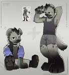 anthro bottomwear clothing collar feet fur grey_body grey_fur hindpaw looking_at_viewer looking_away male multiple_poses paws pose shirt sitting sitting_on_ground solo t-shirt topwear underwear ankorthewolf arknights hypergryph studio_montagne spot_(arknights) hyena mammal spotted_hyena 2024 absurd_res hi_res