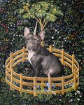 ambiguous_gender bulldog canid canine canis detailed detailed_background domestic_dog fence feral flower hi_res horn inspired_by_formal_art leaf looking_at_viewer mammal mastiff molosser naruki_kukita plant realistic sitting solo tree unicorn_horn unicorn_in_captivity