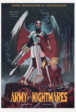 anthro armor army avian_feet back_wings beak black_body black_feathers book damaged_clothing duo feathers female gun keep male parody poster ranged_weapon red_body red_feathers tail tail_feathers vintage weapon white_body white_feathers wings forfun2 raubr1tter dreamkeepers major_stiletto viscount_calah accipitriform avian bird secretary_bird absurd_res comic hi_res