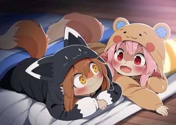 4_fingers ambiguous_anthro ambiguous_gender anthro bangs bed biped black_clothing black_eyebrows black_nose black_onesie blush blush_lines brown_body brown_fur brown_hair brown_tail cheek_tuft closed_smile clothed clothed_ambiguous clothed_anthro clothing countershade_face countershade_fur countershading cute_fangs dipstick_tail duo eyebrow_through_hair eyebrows facial_tuft fangs fingers fur furniture hair hair_between_eyes iris kemono looking_at_another lying lying_on_bed markings mouth_closed multicolored_body multicolored_fur on_bed on_front onesie open_mouth open_smile orange_body orange_fur orange_tail pink_blush pink_eyebrows pink_hair pink_inner_ear pink_tongue pupils red_eyes red_pupils small_nose smile tail tail_markings tan_clothing tan_onesie teeth tongue translucent translucent_hair tuft white_body white_countershading white_fur white_markings white_sclera white_tail_tip white_tuft yellow_eyes young young_ambiguous young_anthro dagasi momo_(dagasi) perro-kun canid canine fox mammal 2025 hi_res female_(lore) male_(lore)