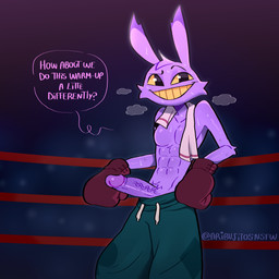 abs anthro arm_tuft big_penis bodily_fluids bottomwear boxing_gloves chest_tuft clothed clothing crotch_tuft elbow_tuft erection eyebrows fighting_ring foreskin genitals glans handwear head_tuft humanoid_genitalia humanoid_penis inviting_to_sex inviting_viewer looking_at_viewer male muscular muscular_male oversized_bottomwear oversized_clothing oversized_pants pants penis penis_poking_out raised_eyebrow retracted_foreskin smug_grin solo speech_bubble sweat sweatdrop talking_to_viewer text topless topless_male towel towel_around_neck tuft vein veiny_penis ari_dibujitos glitch_productions the_amazing_digital_circus the_amazing_digital_fight_club jax_(tadc) lagomorph leporid mammal rabbit 1:1 absurd_res english_text hi_res