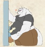 anthro belly belly_overhang belly_rolls big_belly big_butt black_sclera blep blush butt clothed clothing duo fat_arms fat_rolls fluffy fur heart_symbol huge_belly huge_butt huge_thighs ill_fitting_clothing male moobs morbidly_obese morbidly_obese_male obese obese_male overweight overweight_male pinned pinned_by_belly pinned_to_wall size_difference smothering thick_thighs tongue tongue_out white_body white_fur harukaroto dreamworks puss_in_boots_(franchise) death_(puss_in_boots) haru_(haru_karoto) canid canine canis fox mammal wolf hi_res