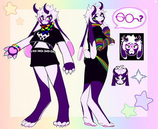 alternative_fashion anthro big_ears biped bottomwear bracelet breasts clothing crop_top digitigrade eyewear female female_anthro glasses hair jewelry lgbt_pride open_mouth pawpads paws pride_color_clothing pride_colors purple_body scarf scene_(fashion) scut_tail shirt short_tail shorts simple_background smile solo speech_bubble sprite_art standing tail topwear white_body white_hair dyrdeer elfie_(dyrdeer) fan_character boss_monster_(undertale) bovid caprine goat mammal 2025 hi_res model_sheet trans_(lore) trans_man_(lore)