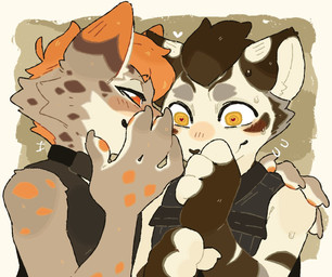 anthro biped black_body black_fur duo fingers fur gesture heart_gesture heart_symbol looking_at_viewer male male_anthro orange_body orange_eyes orange_fur smile teasing whispering white_body white_fur yellow_eyes mawarisaka3 cheetahpaws_(character) gintan felid mammal pantherine tiger