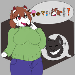 anthro bottomwear brown_hair burger clothed clothing denim denim_bottomwear denim_clothing dessert duo eyes_closed eyewear female food fully_clothed fur glasses grey_body grey_fur hair horn ice_cream jeans male male/female money_sign nervous nervous_smile overweight overweight_female pants pizza question_mark red_eyes shocked smile speech_bubble sweater topwear fluflufluflufen canid canine canis mammal unknown_species wolf 1:1 absurd_res character_request hi_res