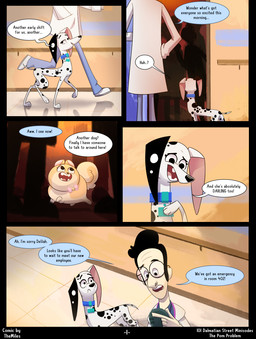 black_hair black_spots dialogue duo female feral floppy_ears fur hair heterochromatic_ears hospital male male_human speech_bubble spots tan_body tan_fur text white_body white_fur themiles 101_dalmatian_street 101_dalmatians disney delilah_(101_dalmatians) dr._dave_(101_dalmatian_street) poppy_(101_dalmatians) canid canine canis dalmatian domestic_dog human mammal pomeranian spitz comic english_text