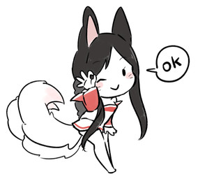 black_hair blush breasts chibi dialogue facial_markings female gesture hair hand_gesture head_markings markings multi_tail ok_sign one_eye_closed smile solo standing tail text hamze league_of_legends riot_games tencent ahri_(lol) animal_humanoid canid canid_humanoid canine canine_humanoid fox_humanoid humanoid mammal mammal_humanoid 2015 english_text low_res