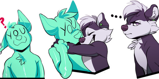 annoyed anthro biped black_body black_fur black_hair black_nose chest_tuft duo ear_piercing ellipsis eyes_closed fur glistening glistening_body grin hair head_tuft hug inner_ear_fluff looking_at_viewer male multicolored_body multicolored_fur multicolored_hair nibbling nom nude piercing purple_eyes question_mark short_hair simple_background smile teeth tuft two_tone_body two_tone_fur two_tone_hair white_background white_body white_fur white_hair sindenbock anon ayken mammal mephitid skunk 2018 digital_media_(artwork)