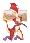 amber_eyes anthro bone_frill breasts claws feet female frill_(anatomy) genitals head_crest looking_at_viewer nipples non-mammal_breasts non-mammal_nipples nude pussy red_body solo tail talons toes calolily capcom monster_hunter bird_wyvern dinosaur dromaeosaurid iodrome prehistoric_species reptile scalie theropod velociraptor traditional_media_(artwork)