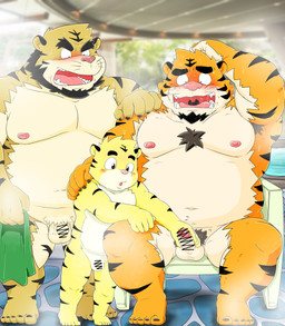 adult_on_young age_difference anthro armpit_hair balls bath bathhouse belly blush body_hair detailed_background erection exposure_to_minor flaccid fondling_penis genitals group hot_spring kemono larger_but_small male male/male micropenis moobs navel nipples onsen orange_body overweight overweight_male penis pink_nose pubes sitting small_penis steam touching_penis water yellow_body young young_anthro shibatanukiti felid mammal pantherine tiger 2023 absurd_res censored hi_res father_(lore) grandchild_(lore) grandfather_(lore) grandparent_(lore) grandson_(lore) incest_(lore) parent_(lore) son_(lore)
