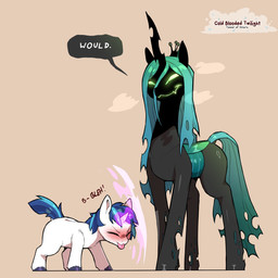 age_difference aged_down black_body blue_hair blue_tail blush dialogue duo eyes_closed female feral fur glowing glowing_eyes green_hair green_tail hair hooves horn male male/female older_female older_feral pupils quadruped slit_pupils speech_bubble tail text tongue tongue_out unicorn_horn white_body white_fur young young_feral young_male younger_feral younger_male cold-blooded-twilight friendship_is_magic hasbro my_little_pony mythology queen_chrysalis_(mlp) shining_armor_(mlp) arthropod changeling_(mlp) equid equine mammal mythological_creature mythological_equine unicorn 1:1 2025 english_text hi_res