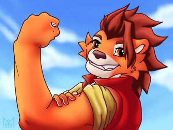 anthro blue_sky brown_body brown_ears brown_eyebrows brown_eyes brown_fur brown_hair brown_nose clothing countershade_face countershade_feet countershade_fur countershade_hands countershade_neck countershading eyebrows feet fingers fist fur hair hand_on_bicep logo looking_at_viewer male multicolored_body multicolored_fur raised_fist raised_hand red_clothing red_topwear red_vest round_ears shirt sky smile smiling_at_viewer snout solo teeth topwear two_tone_body two_tone_fur vest white_body white_fur white_inner_ear yellow_clothing yellow_shirt yellow_topwear manivur nikoderiko niko_(nikoderiko) herpestid mammal mongoose 2025 artist_logo half-length_portrait hi_res portrait shaded