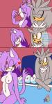 1:2 anthro areola blaze_the_cat breasts chacumera comic domestic_cat duo english_text eulipotyphlan eyes_closed felid feline felis female half-closed_eyes heart_symbol hedgehog hi_res looking_back male male/female mammal narrowed_eyes nipples nude sega silver_the_hedgehog smile sonic_the_hedgehog_(series) text tongue tongue_out