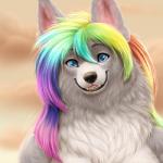 anthro fangs female fur hair looking_at_viewer multicolored_hair nude rainbow_hair smile solo teeth diaszoom canid canine canis domestic_dog mammal 1:1 low_res