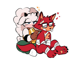 anthro bandage bell bell_collar blue_eyes collar duo eyewear female fur glasses horn male wool_(fur) quavernsfw idw_publishing sega sonic_the_hedgehog_(comics) sonic_the_hedgehog_(idw) sonic_the_hedgehog_(series) gadget_the_wolf lanolin_the_sheep_(sonic) bovid canid canine canis caprine mammal sheep wolf hi_res