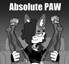 anthro bodily_fluids choker cum cum_on_leg femboy fluffy_ears genital_fluids jewelry male necklace pawpads piercing raising_leg smug smug_face solo starlit_aster canid canine fox mammal black_and_white hi_res monochrome