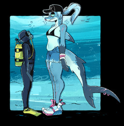 4_fingers 5_fingers accessory air_bubble air_tank ambiguous_gender anthro bare_shoulders baseball_cap belly bikini bikini_top biped black_border blue_body blue_hair border bottomwear breasts bubble clothed clothed_ambiguous clothed_anthro clothed_female clothing countershade_face countershade_hands countershade_neck countershade_tail countershade_torso countershading diving_mask dorsal_fin duo facial_piercing feet female female_anthro fin fin_piercing fingers footwear freckles fully_clothed fully_clothed_ambiguous fully_clothed_anthro fully_clothed_female furgonomics furry-specific_piercing gills gloves_(marking) hair hair_accessory hair_tie hat headgear headwear hotpants larger_anthro larger_female looking_down looking_down_at_another markings mask motivational_poster multicolored_body non-mammal_breasts non-mammal_hair nose_piercing nose_ring notched_fin notched_tail outside_border piercing pink_pupils plantigrade ponytail pupils ring_piercing scar scrunchie scuba septum_piercing septum_ring sharp_teeth shoes shorts size_difference small_breasts smaller_ambiguous smaller_human snout standing swimwear tail tail_fin tail_piercing teeth text thick_tail tied_hair two-piece_swimsuit underwater water wristband herny jawlene_(herny) ambiguous_species fish human mammal marine shark 2025 absurd_res digital_media_(artwork) english_text hi_res