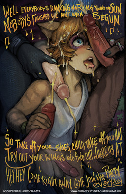 anthro balls black_body black_scales blonde_hair bodily_fluids bottomless bottomless_anthro bottomless_male brown_body brown_fur brown_stripes clothed clothing cuff_(restraint) erection femboy fur gangbang genital_fluids genitals group group_sex hair humanoid_genitalia humanoid_penis leather leather_cuffs male open_mouth open_smile orgy peeing penis restraints scales sex smile solo_focus striped_body striped_fur stripes tan_body tan_fur text tongue tongue_out urine urine_in_mouth urine_stream vein veiny_penis watersports wide_eyed bleats grateful_dead summer_(bleats) xiro_decobray ambiguous_species domestic_cat felid feline felis mammal english_text hi_res