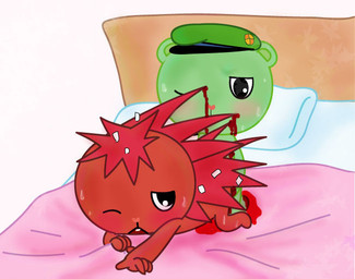 anthro anthro_on_anthro bed bed_covers bed_sheet bedding blanket blood blush bodily_fluids buckteeth clothing duo female female_penetrated flat_cap furniture green_body hair hat head_tuft headgear headwear humor male male/female male_penetrating male_penetrating_female on_bed one_eye_closed penetration penile penile_penetration penis_in_vagina pillow quills_(anatomy) red_hair sex simple_background stab sweat teeth toony tuft vaginal vaginal_penetration white_background wounded unknown_artist happy_tree_friends flaky_(htf) flippy_(htf) bear mammal porcupine rodent