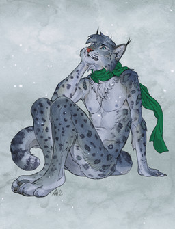 anthro blue_eyes claws ear_tuft finger_claws fur green_scarf grey_body grey_fur inner_ear_fluff leopard_spots looking_up male mostly_nude neck_tuft nipples paws scarf scarf_only simple_background sitting snow solo spots tail textured_background tuft whisker_spots whiskers ama_dench_art felid mammal pantherine snow_leopard 2026 digital_media_(artwork) hi_res signature