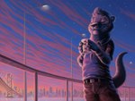 anthro balcony belt bottomwear bridge city city_background cityscape clothed clothing cloud container cup detailed_background eyes_closed holding_container holding_cup holding_object male outside raised_tail scenery shirt shorts sky smile solo standing star street_lamp sundown sunrise tail topwear water nikraccoom mammal mustelid otter 2020