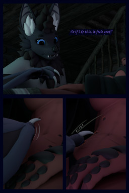 anthro arm_warmers armwear blue_eyes breasts clothing dialogue female fur leg_warmers legwear male nipple_fetish nipple_play nipples purple_body purple_fur red_body red_fur robe shirt topwear flailingfornication bat mammal origin_species 3d_(artwork) absurd_res comic digital_media_(artwork) hi_res mother_(lore) parent_(lore) son_(lore)