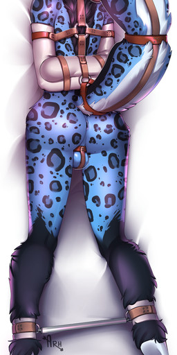 anthro anus armbinder arms_together backsack balls bdsm binder_(restraint) blue_body blue_eyes blue_fur bondage bondage_gear bound collar dakimakura exposed fur genitals hands_behind_back harness leg_spreader male muzzle_(object) muzzled restraints solo spreader_bar submissive submissive_male arh kimura felid leopard mammal pantherine snow_leopard 2016 dakimakura_design hi_res