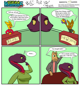 anthro clothing clown_makeup cochlear_implant_processor countertop deaf dialogue female furniture greeting group male necktie shirt sign sofa suit text topwear baristagamerproductions ada_(gem_hunters) alfonso_(gem_hunters) ailurid canid canine canis dingo kangaroo macropod mammal marsupial red_panda reptile scalie snake absurd_res comic english_text hi_res
