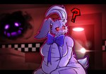 anthro big_breasts big_butt blue_bow blush bow_tie box breasts buckteeth butt ceiling_lamp clothing container costume eyelashes female floppy_ears fursuit lamp light looking_back overweight question_mark red_eyes solo stitch_(sewing) teeth kibichi five_nights_at_freddy's five_nights_at_freddy's:_security_breach scottgames steel_wool_studios vanny_(fnaf) human lagomorph leporid mammal rabbit hi_res