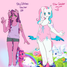 anthro blue_eyes bottomwear breasts character_age cleavage clothed clothing cloven_hooves cutie_mark duo eyelashes feathered_wings feathers female fur gender_symbol hair hooves lingerie multicolored_hair pronouns shirt shorts simple_background smile standing symbol tail tank_top text topwear transgender_symbol white_body white_fur wings mossamore hasbro mlp_g3 my_little_pony my_little_pony_(2003) mythology sky_wishes star_catcher_(pre-g4) earth_pony equid equine horse mammal mythological_creature mythological_equine pegasus pony digital_media_(artwork) english_text hi_res trans_(lore)