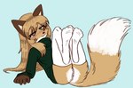 anthro blush brown_body brown_fur clothing dipstick_tail female female_anthro footwear fur genitals gloves_(marking) green_clothing green_eyes hair leg_markings legwear markings paws paws_in_socks pussy socks socks_(marking) solo tail tail_markings thigh_highs white_body white_fur conditional_dnp thighlordash averi_(fiddleafox) canid canine fox mammal red_fox true_fox