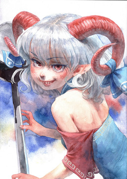 accessory bare_shoulders blush bovid_horn bow_ribbon breasts caprine_horn clothed clothed_female clothed_humanoid clothing curly_hair cutlery ear_piercing ear_ring eyebrow_through_hair eyebrows female furgonomics grin hair horn horn_accessory horn_bow horn_ribbon humanoid_pointy_ears kitchen_utensils looking_at_viewer open_mouth piercing pointy_ears red_eyes red_horn ribbons ring_piercing sharp_teeth small_breasts smile solo spoon teeth tools translucent translucent_hair white_hair misawazarigani touhou yuuma_toutetsu horned_humanoid humanoid 2022 hi_res painting_(artwork) traditional_media_(artwork) traditional_painting_(artwork)