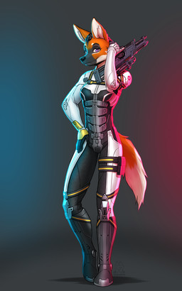 5_fingers anthro armor biped black_hair breasts brown_body brown_fur brown_tail clothed clothed_anthro clothing female fingers front_view fur gun hair holding_gun holding_object holding_ranged_weapon holding_weapon looking_at_viewer purple_eyes ranged_weapon rifle simple_background smile solo standing tail weapon mykegreywolf bioware electronic_arts mass_effect canid canine mammal maned_wolf 2025 5:8 absurd_res digital_drawing_(artwork) digital_media_(artwork) hi_res