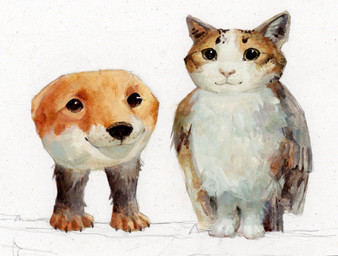 ambiguous_feral ambiguous_gender biped brown_claws brown_eyes brown_nose claws duo feral front_view fur glistening glistening_eyes looking_at_viewer mouth_closed orange_body orange_fur pink_nose white_body white_fur yellow_eyes akatan_art meowl avian bird canid canine domestic_cat felid feline felis fox hybrid mammal owl hi_res