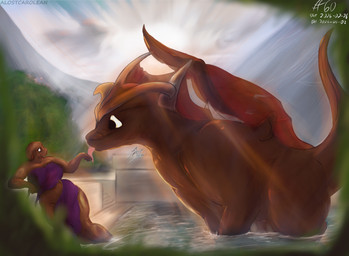 anthro bathing duo female feral glowing gold_(metal) licking light light_beam male nature plant shrub size_difference smile sunbeam sunlight swimming_pool tongue water when_you_see_it alostcarolean mythology canid canine dragon mammal mythological_creature mythological_scalie scalie hi_res huge_filesize