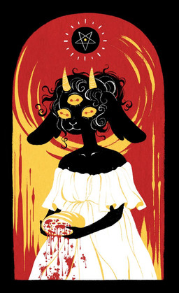 3_eyes abstract_background anthro black_body black_fur black_hair blood bodily_fluids bread clothing dress female food fur hair horn horror_(theme) multi_eye occult_symbol pentagram red_eyes solo symbol whoismonday monday_(whoismonday) alien bovid caprine goat mammal hi_res