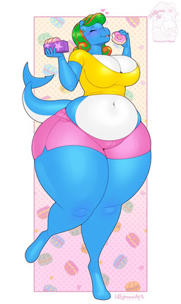 anthro big_breasts blue_body breasts cleavage clothed clothing cookie dessert doughnut female food macaron_(food) midriff multicolored_body navel pastry pink_frosted_sprinkled_doughnut simple_background slightly_chubby solo thick_thighs white_body wide_hips lillymoo aquatic fish shark hi_res