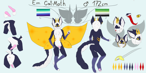 antennae_(anatomy) anthro anus aromantic backsack balls blep blue_body blue_ears blue_face blue_fur blue_legs blue_paws butt claws color_swatch curved_sword ear_piercing ears_down erection femboy flaccid fluffy fluffy_chest fluffy_tail front_view fur genitals grey_hood hair half-erect hand_on_leg hand_on_thigh hood inner_ear_fluff insect_wings knot long_hair long_tail male markings melee_weapon mlm_flag mouth_closed multicolored_body multicolored_ears multicolored_fur multicolored_tail nude open_mouth pawpads paws penis piercing pillow pink_anus pink_nose pink_pawpads pink_penis pink_pillow pivoted_ears pupils raised_tail rear_view shoulder_length_hair simple_background slit_pupils smile solo standing sword tail tapering_penis teeth text tongue tongue_out tuft wave weapon white_balls white_body white_claws white_face white_fingers white_fur white_hair white_toes wings yellow_antennae yellow_body yellow_eyes yellow_fur yellow_markings yellow_wings emauko em_(emko) arthropod felid feline hybrid insect lepidopteran mammal moth absurd_res colored_line_art full-length_portrait hi_res model_sheet portrait shaded