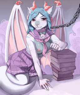 5_fingers anthro areola arm_support arm_warmers armwear ascot bent_legs blue_hair blue_stripes bodily_fluids book book_stack bottomwear breasts chain chain_leash claws closed_book clothed clothing collar colored_nails crying female fingers gem hair heart_symbol horn kneeling leash long_hair looking_at_viewer markings membrane_(anatomy) membranous_wings nails nipple_piercing nipples piercing pink_areola pink_eyes pink_stripes school_uniform simple_background skirt solo spiked_collar spikes stripes tail tears topless uniform vein veiny_wings white_body white_sclera wings merzawka mythology caitlyn_bellerose dragon mythological_creature mythological_scalie scalie 2020 digital_drawing_(artwork) digital_media_(artwork) hi_res portrait shaded