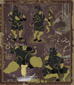animal_genitalia anthro backsack ball_tuft balls black_body black_sclera bodily_fluids butt claws cum cum_drip cum_puddle digitigrade dripping egyptian flower_accessory genital_fluids genitals good_boy horn knot leash low-angle_view male multi_ear multi_eye muscular pawpads penis pointy_ears pubes sheath sheath_tuft solo stretching tail tattoo teeth text tuft artjackal gala_(artjackal) anubian_jackal canid canine canis demon hybrid jackal mammal absurd_res english_text hi_res model_sheet sketch