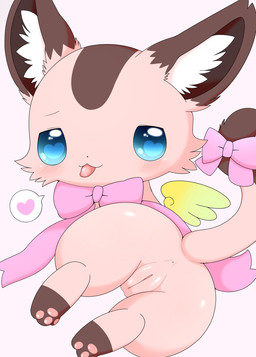accessory anus blue_eyes bow_ribbon butt dipstick_tail female feral fur furgonomics genitals heart_symbol inner_ear_fluff looking_at_viewer looking_back looking_back_at_viewer markings pawpads pink_background pink_body pink_fur pink_ribbon plump_labia presenting presenting_vulva ribbons simple_background solo tail tail_accessory tail_bow tail_markings tail_ribbon tongue tongue_out tuft vulva wings azuo domestic_cat felid feline felis mammal hi_res