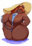 anthro belly big_breasts big_butt black_nose blue_sling_bikini breasts brown_body brown_fur butt clothing curvy_figure deep_navel female fur hair hair_over_eye hat headgear headwear huge_breasts huge_thighs looking_at_viewer love_handles navel nipple_outline one-piece_swimsuit one_eye_obstructed orange_hair outside overweight overweight_anthro overweight_female partially_submerged purple_eyes sling_bikini solo sun_hat swimwear thick_thighs voluptuous water wide_hips joelasko bernie_(radvengence) bear mammal digital_media_(artwork) hi_res