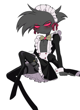 4_arms blush bulge cleavage_cutout clothing cutout maid_headdress maid_uniform male multi_arm multi_eye multi_limb simple_background solo uniform white_background enaic31 hazbin_hotel hellaverse arackniss_(hazbin_hotel) humanoid absurd_res hi_res