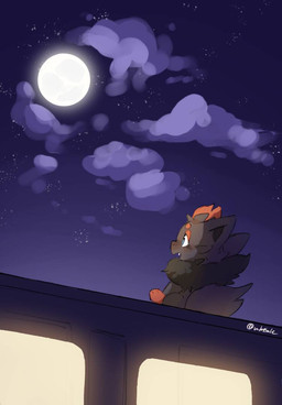 black_body black_fur blue_eyes facial_hair fur hair landscape moon night red_hair sideburns whtink nintendo pokemon canid canine fox generation_5_pokemon mammal pokemon_(species) zorua