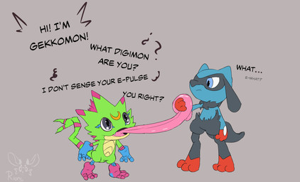 anthro blue_body blue_eyes blue_fur duo fur green_body long_tongue male smile text tongue rioni bandai_namco digimon digimon_beatbreak nintendo pokemon digimon_(species) gekkomon generation_4_pokemon pokemon_(species) riolu absurd_res english_text hi_res