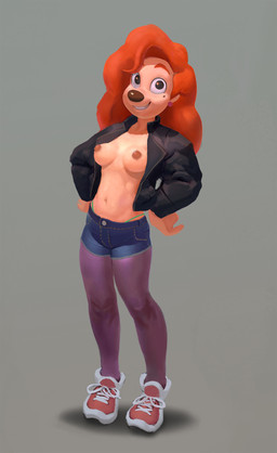 anthro bottomwear breasts casual_exposure clothed clothing ear_piercing ear_ring female hair hands_on_hips jacket legwear light_body light_skin long_hair looking_at_viewer markings mole_(marking) navel nipples open_clothing open_jacket open_topwear pantyhose piercing red_hair ring_piercing shorts simple_background smile solo standing thong thong_straps topless topwear underwear flo disney goof_troop roxanne_rover canid canine canis domestic_dog mammal 2019 digital_media_(artwork) hi_res