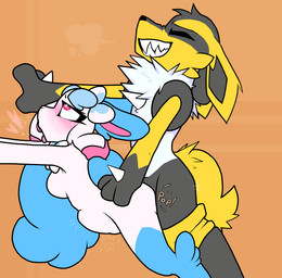 4_ears abdominal_bulge ahegao anthro blue_body blue_fur blush blush_lines bodily_fluids breasts breath clenched_teeth cum cum_inside duo ears_down ejaculation eyes_closed female fur genital_fluids gloves_(marking) grey_body grey_fur heart_pupils heart_symbol knotting looking_pleasured looking_up male male/female markings multi_ear pivoted_ears sharp_teeth side_boob smile teeth text thigh_highs_(marking) tongue tongue_out white_body white_fur yellow_body yellow_fur emote-o nintendo pokemon elodie_(emote) leon_(emote) eeveelution generation_1_pokemon generation_4_pokemon generation_6_pokemon hybrid jolteon lopunny lucario pokemon_(species) sylveon